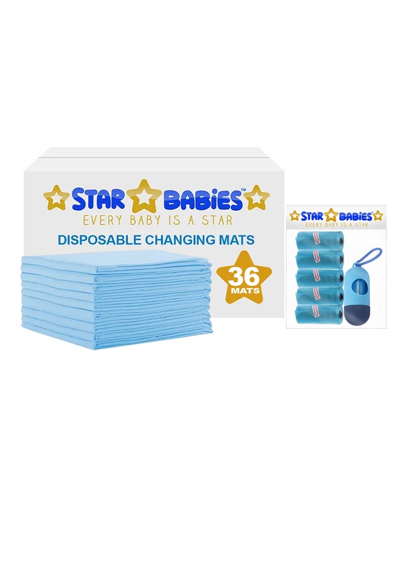 STAR BABiES Star Babies - Combo Pack of 2- Disposable Changing Mat Pack of 36 with Scented Bag (5 Pcs w/Dispenser) - Blue  - Image 1
