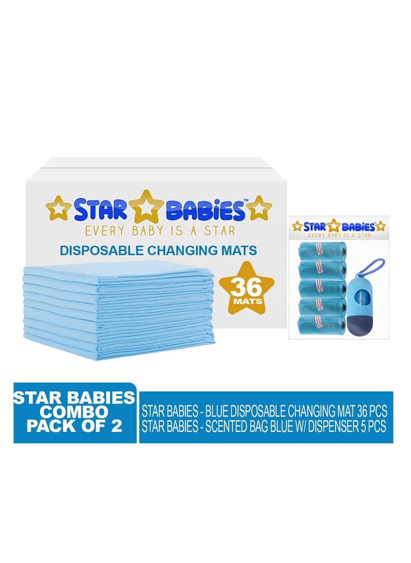 STAR BABiES Star Babies - Combo Pack of 2- Disposable Changing Mat Pack of 36 with Scented Bag (5 Pcs w/Dispenser) - Blue  - Image 2