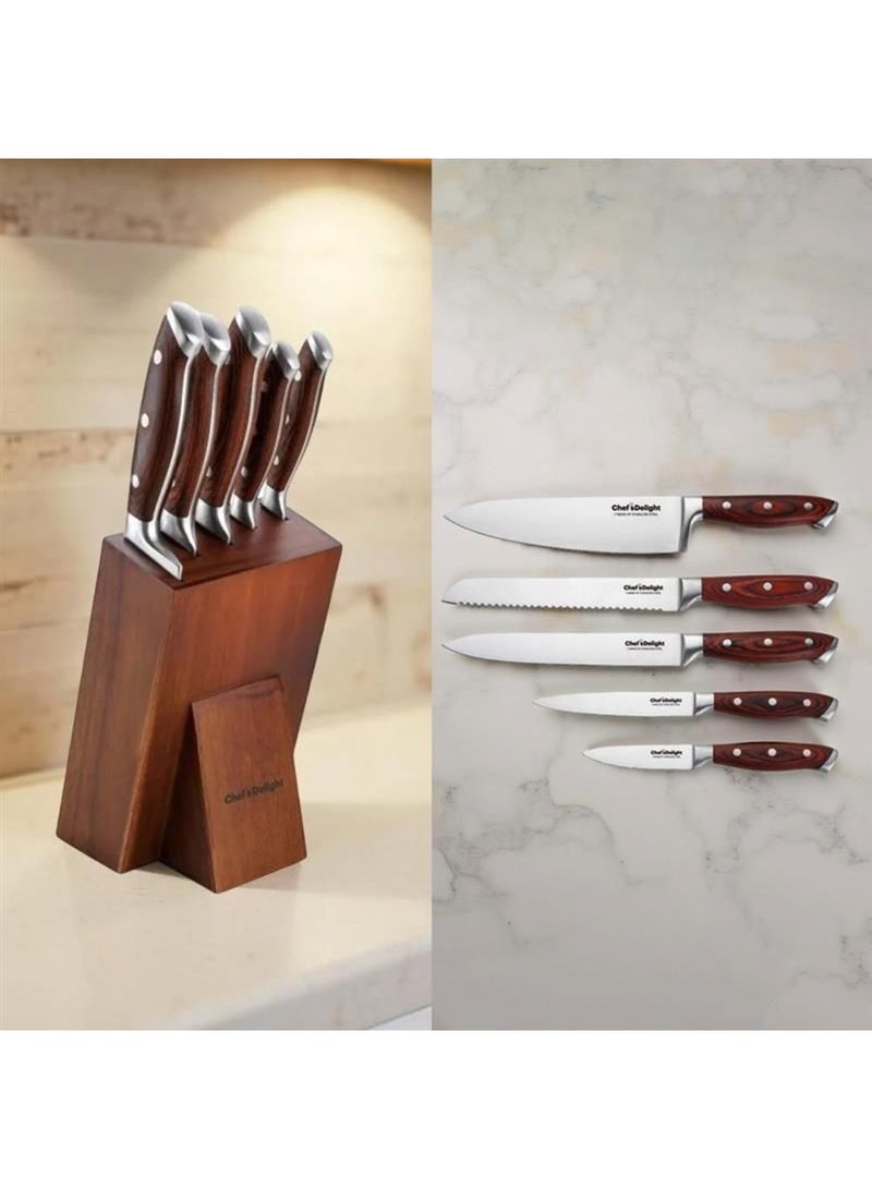 DANUBE HOME Chef's Delight 6-Piece Knife Set with Wooden Block – Premium Kitchen Knives for Professional and Home Cooking | Sharp Stainless Steel Blades | Essential Culinary Tool Set - Image 1
