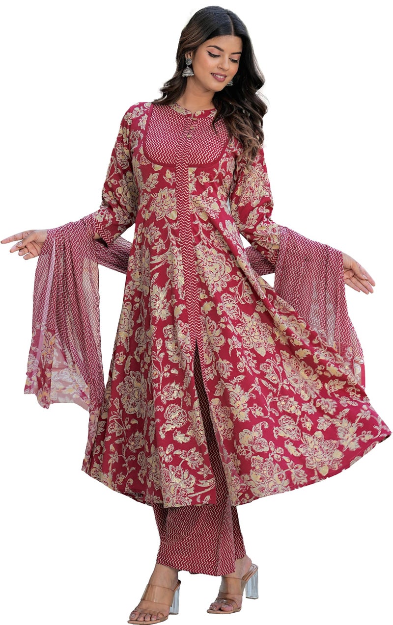 Yash Gallery Women's Polyester Calf Length Regular Fitted 3/4th Sleeve Floral Printed Anarkali Kurta Set with Zig-Zag Printed Pant & Dupatta (Maroon, XXL) - Image 1