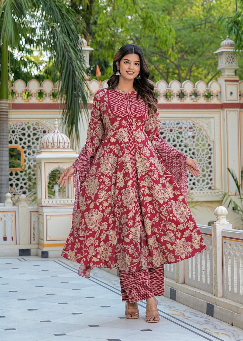 Yash Gallery Women's Polyester Calf Length Regular Fitted 3/4th Sleeve Floral Printed Anarkali Kurta Set with Zig-Zag Printed Pant & Dupatta (Maroon, XXL) - Image 4