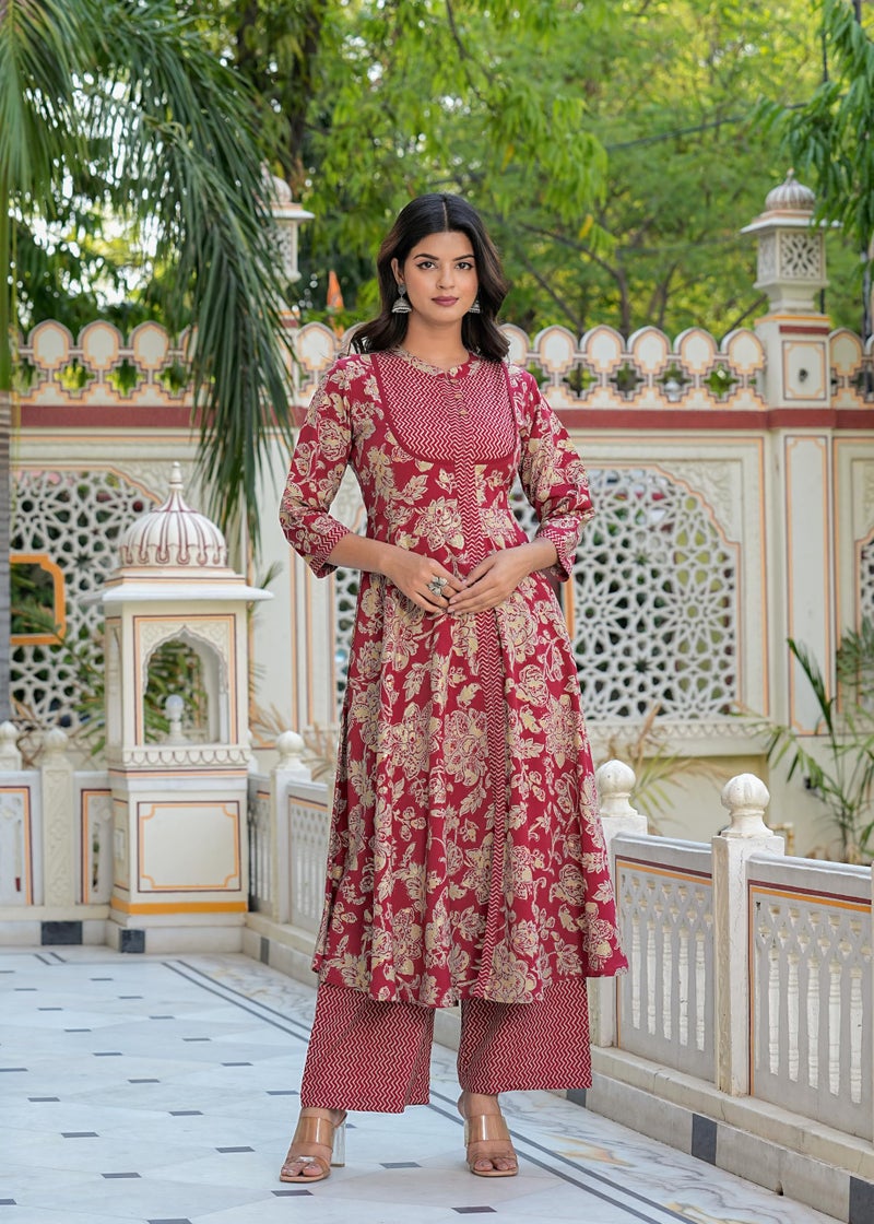 Yash Gallery Women's Polyester Calf Length Regular Fitted 3/4th Sleeve Floral Printed Anarkali Kurta Set with Zig-Zag Printed Pant & Dupatta (Maroon, XXL) - Image 3