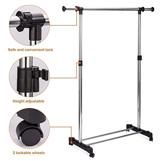 RAVIZAA Stainless Steel Single Pole Telescopic Movable Portable Clothes RackSilver - Image 2