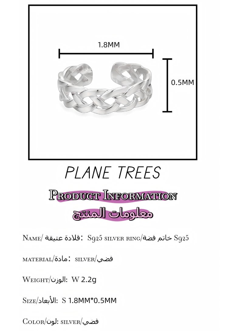 Plane Trees S925 Sterling Silver Open Ring – Braided Adjustable Design for Women and Men - Image 2
