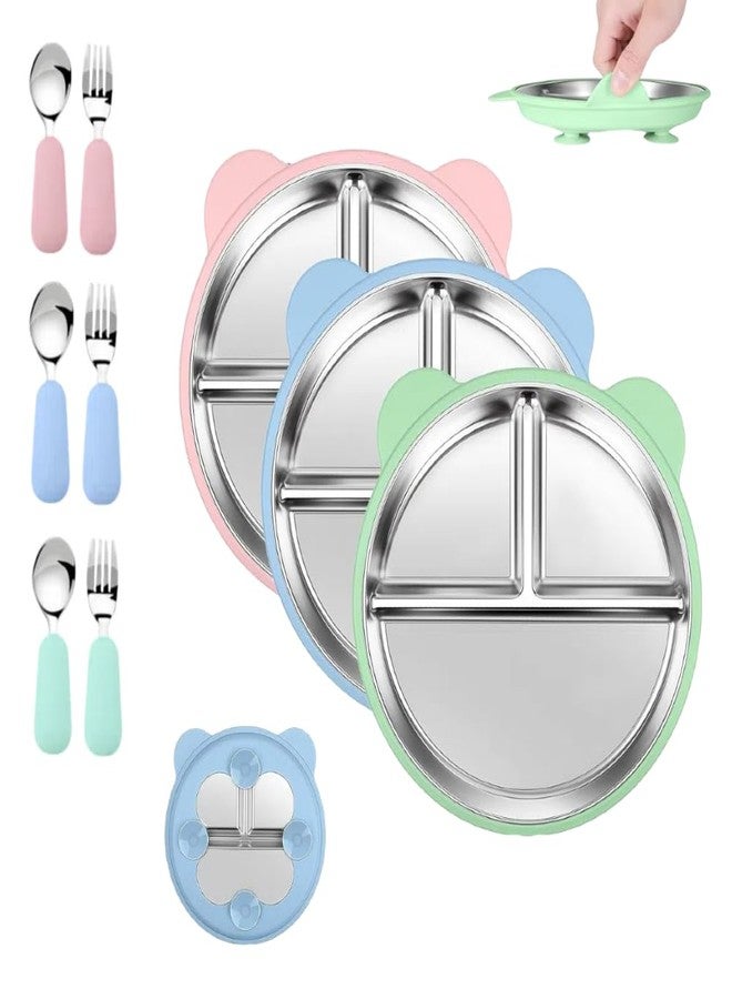 Achouray 3 Packs Stainless Steel Toddler Plates Silicone Suction with Spoons & Forks, Bear Ear Design Non-Slip Divided Portion Baby Plates, Food-Grade Silicone Plate for Kids, BPA Free Dishwasher Safe - Image 1