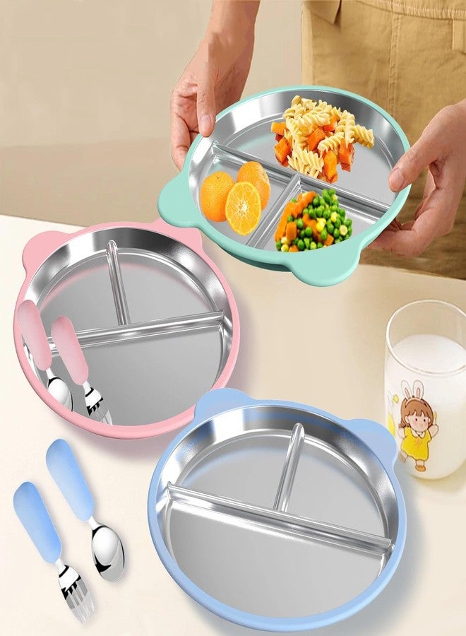Achouray 3 Packs Stainless Steel Toddler Plates Silicone Suction with Spoons & Forks, Bear Ear Design Non-Slip Divided Portion Baby Plates, Food-Grade Silicone Plate for Kids, BPA Free Dishwasher Safe - Image 5