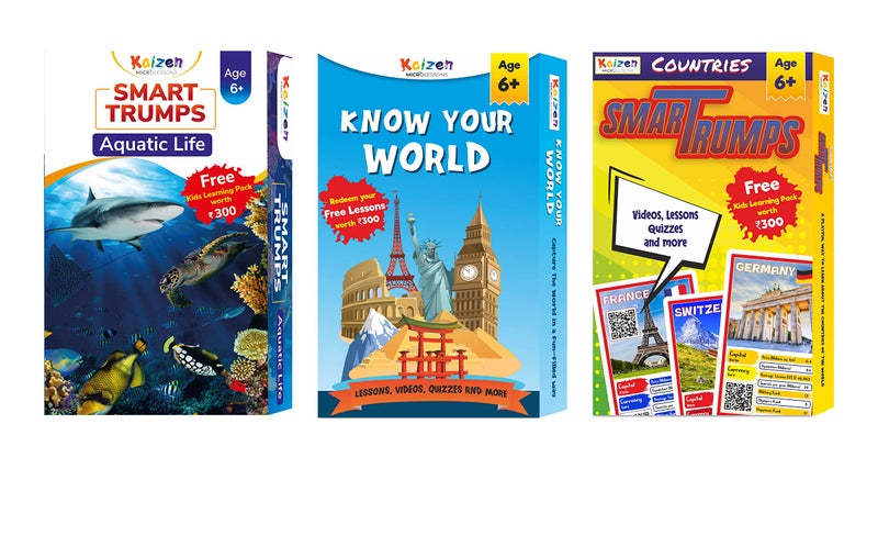 Kaizen MicroLessons Smart Cards to Enhance General Awareness for Age 6-15, Learn While Playing, General Knowledge for Kids, (Combo Pack of 3: Know Your World, Aquatic and Country Trump Cards) - Image 1