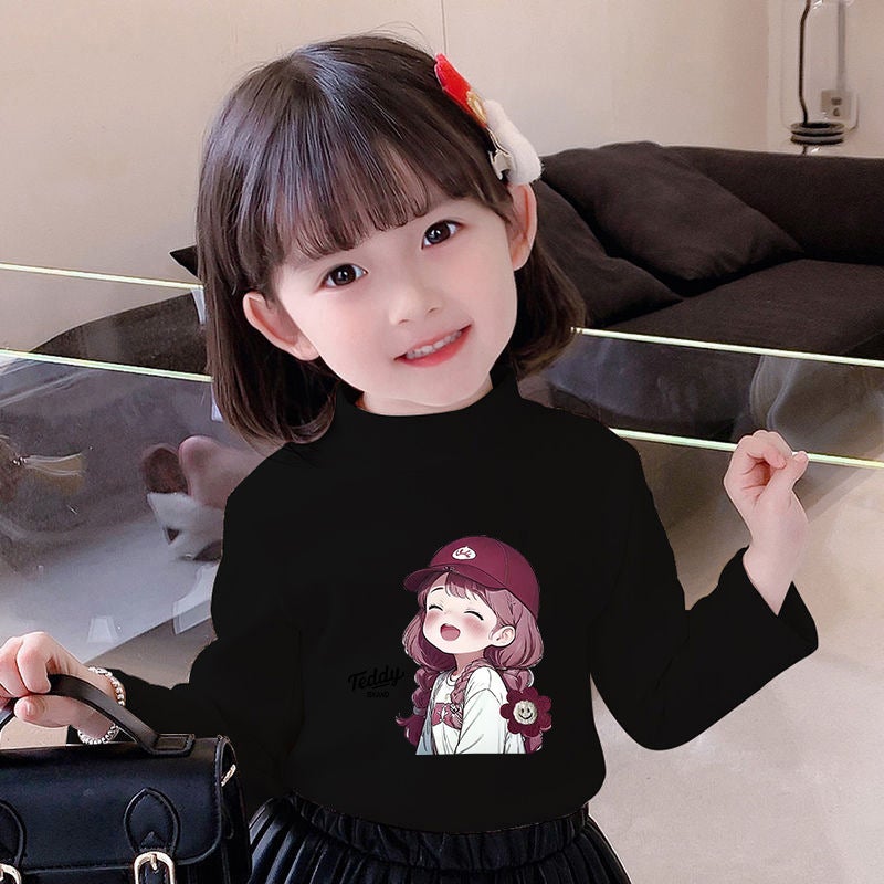 Girls' Semi-High Collar Velvet Casual Long-Sleeved T-Shirt Autumn New Arrival Medium And Large Children'S Wear Cartoon Printed Western Style Girls' T-Shirt - Image 1