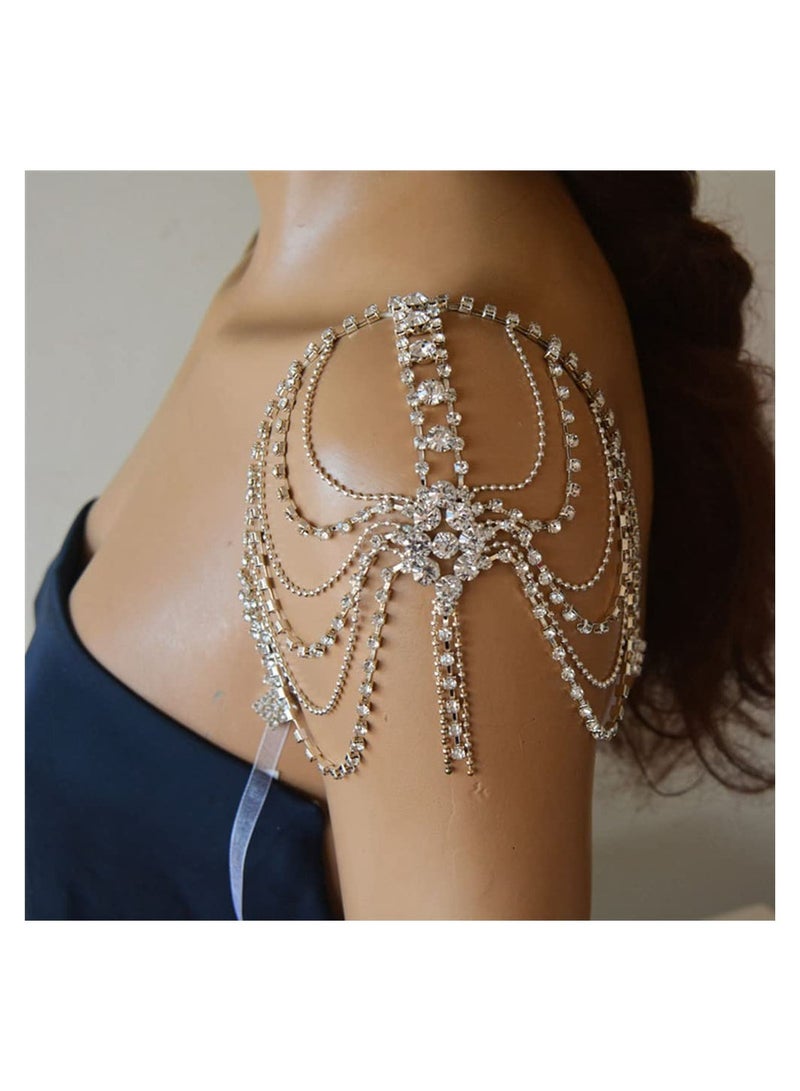 SYOSI Women Body Chain, SYOSI Rhinestone Shoulder Chain with Tassels, Fringe Shoulder Chain, Bridal Wedding Jewelry Wedding Arm Chain, Rhinestone Underwear Bra Chain, Party Body Accessories(Silver) - Image 1