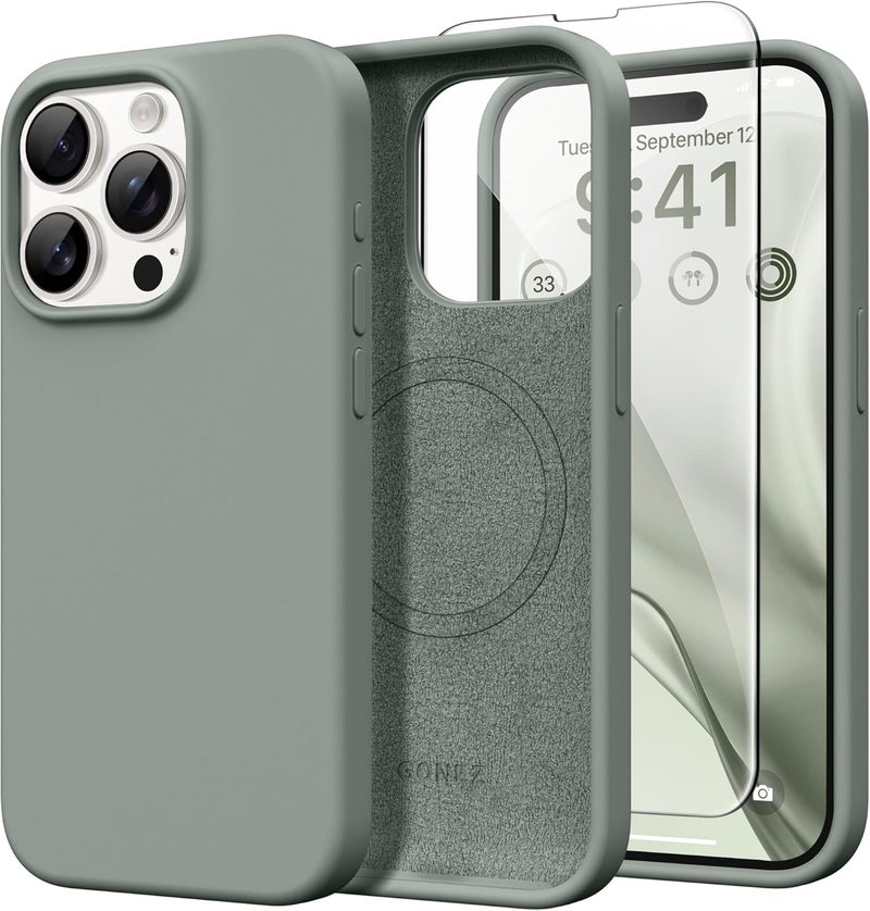 GONEZ Magnetic for iPhone 15 Pro Case, Compatible with MagSafe, [Screen Protector + Camera Lens Protector], Silicone Shockproof Anti-Scratch Protective Phone Case 6.1 inch, Calke Green - Image 1