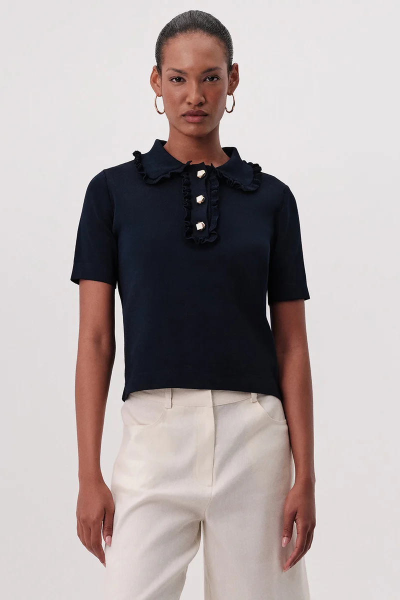 Exquise Short-sleeved, button-down, ruffled, regular knitted navy blouse