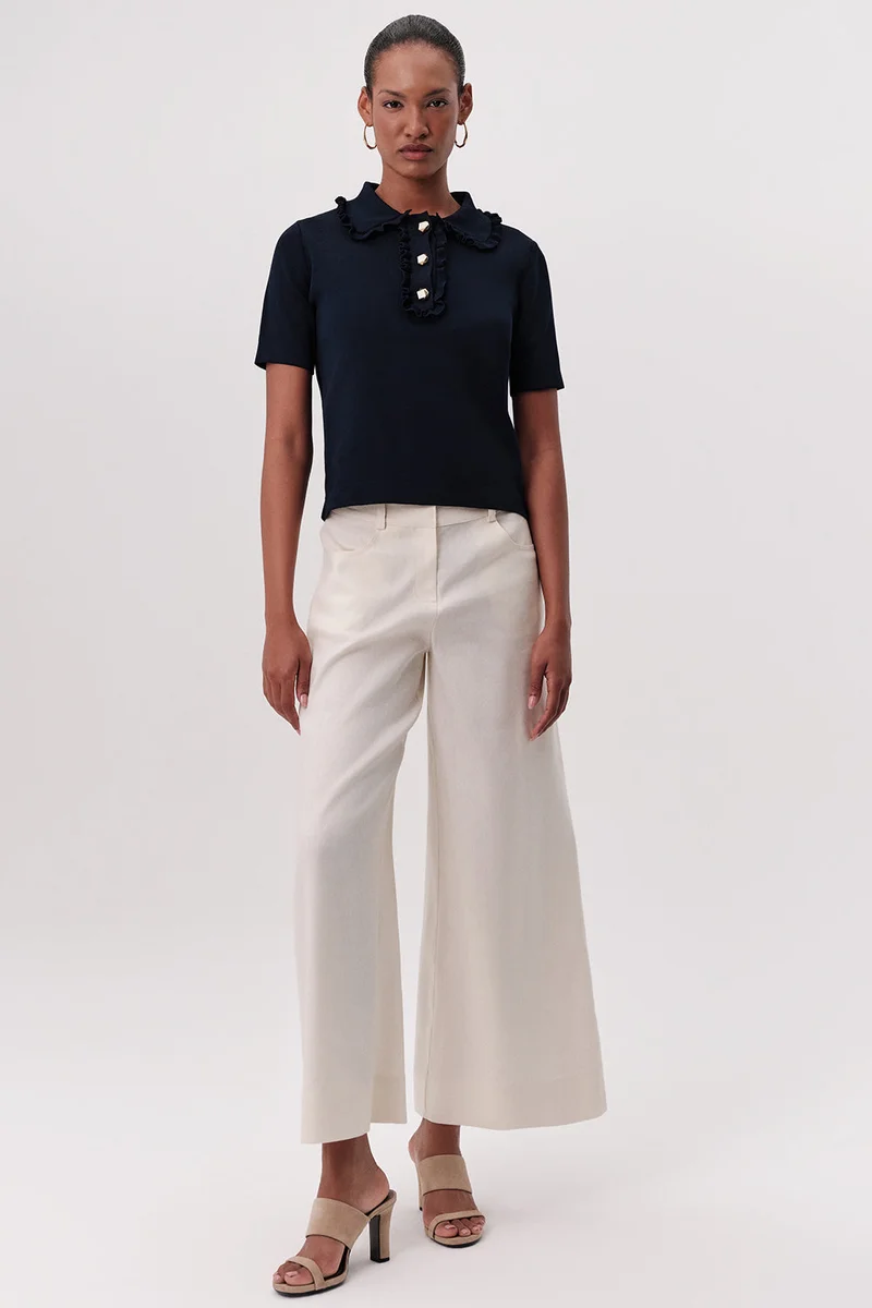 Exquise Short-sleeved, button-down, ruffled, regular knitted navy blouse