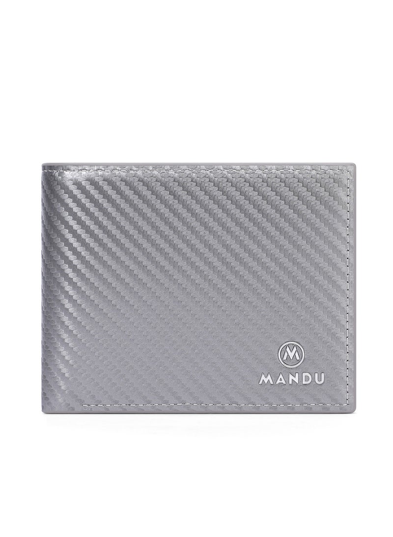 MANDU Leather Wallet for Men,Sleek Silver Gray Business Wallet – RFID Blocking Carbon Fiber - Birthday Gifts for Men, Son, Grandpa, and Boyfriend, Wedding, Anniversary, Graduate - Image 1