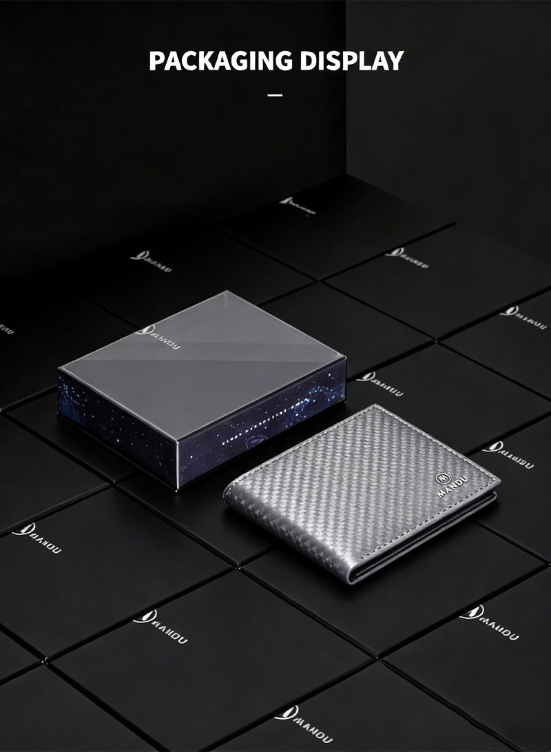 MANDU Leather Wallet for Men,Sleek Silver Gray Business Wallet – RFID Blocking Carbon Fiber - Birthday Gifts for Men, Son, Grandpa, and Boyfriend, Wedding, Anniversary, Graduate - Image 3