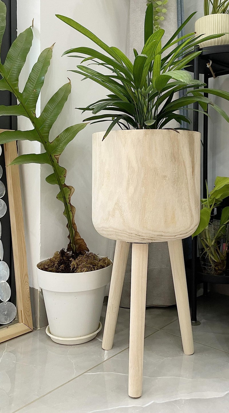 YISSEN RISEON Handmade Mid Century Modern Wood Planter, Rustic Indoor Flower Pot Plant Stand,Large Floor Planter (Large) - Image 2