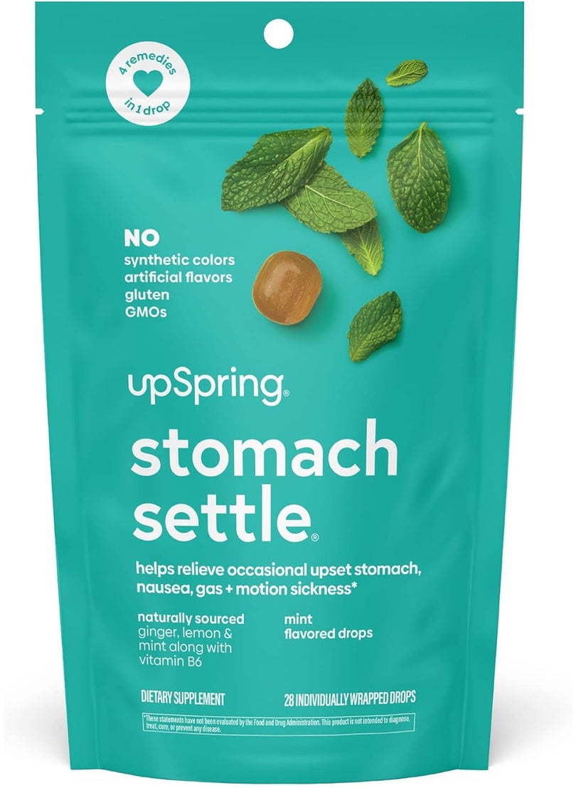 UpSpring UpSpring Stomach Settle Drops for Occasional Nausea Relief/Upset Stomach with Ginger, Lemon, Spearmint, and B6. Mint Flavor Drops, 28 Ct(Packaging May Vary) 