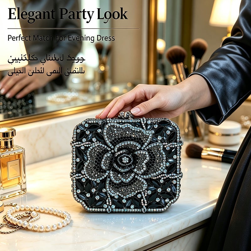 Women Rhinestone Envelope Clutch Evening Handbag With Detachable Chain - Image 2