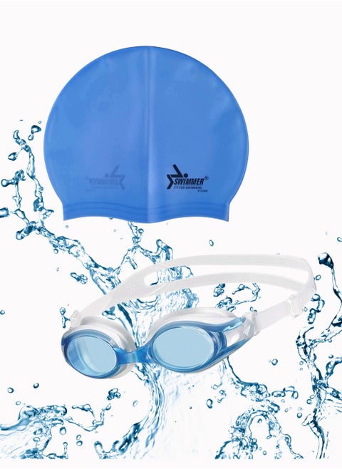 "Gear up your little water hero: Blue swimming cap and goggles set... Complete style and protection in every dive!"
