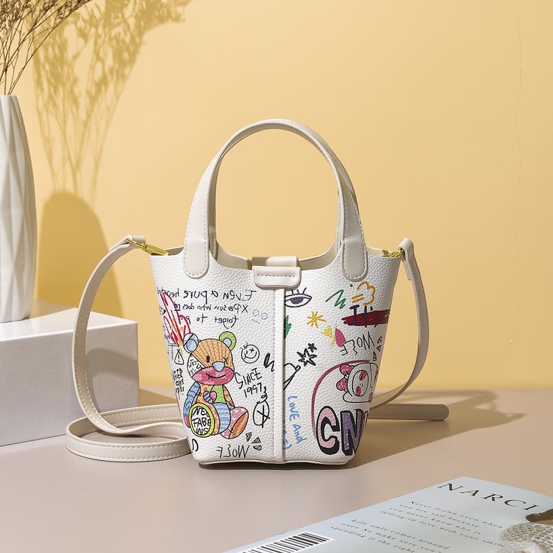 Bag Women'S Crossbody Bag Graffiti Bucket Bag Simple Cylinder Bag Bear Letter Vegetable Basket Handbag - Image 3