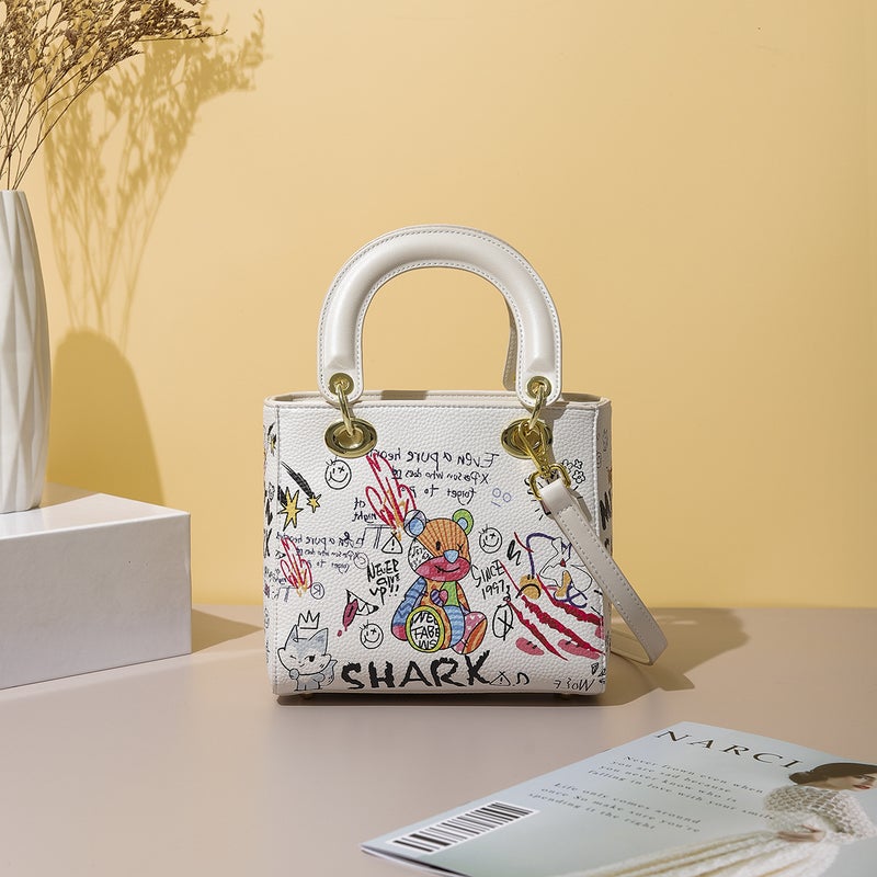 Bag Women'S Crossbody Bag Graffiti Bucket Bag Simple Cylinder Bag Bear Letter Vegetable Basket Handbag - Image 4