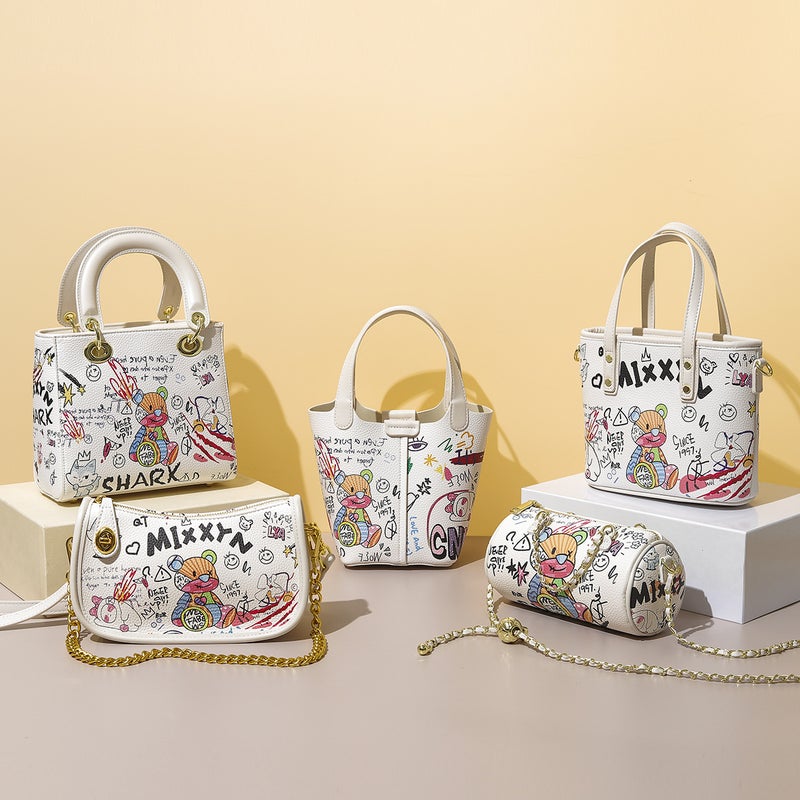 Bag Women'S Crossbody Bag Graffiti Bucket Bag Simple Cylinder Bag Bear Letter Vegetable Basket Handbag - Image 2