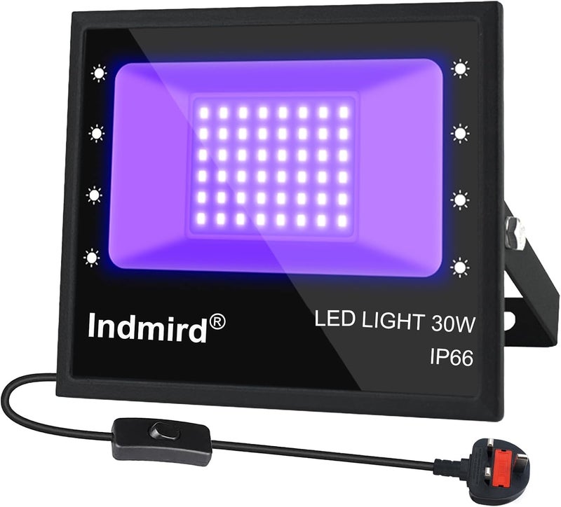 Indmird UV LED Black Light, Indmird 30W 395nm Ultraviolet LED Flood Light, IP66 Waterproof Ultraviolet Blacklight for Dog Cat Urine Pet Dry Stains Party Disco Club Aquarium Decorations - Image 1