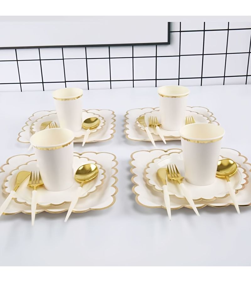 80pcs Elegant Party Supplies Set Disposable Paper Plates Cups Napkins Combo Golden Foil Finish Assorted Shapes Perfect For Birthday Christmas Graduation Events Picnic Afternoon Tea - Image 2