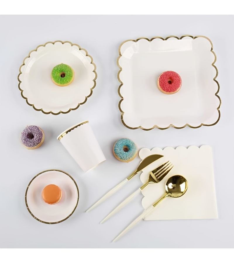 80pcs Elegant Party Supplies Set Disposable Paper Plates Cups Napkins Combo Golden Foil Finish Assorted Shapes Perfect For Birthday Christmas Graduation Events Picnic Afternoon Tea - Image 1