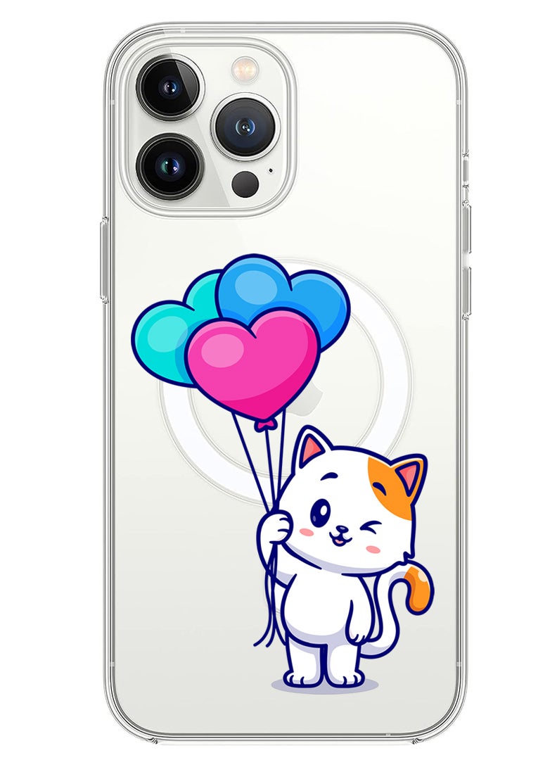 Theodor Magnetic Case for iPhone 13 Pro Max 6.7-inch Compatible with MagSafe Wireless Charging, Shockproof Phone Bumper Cover Cat holding Baloons - Image 1