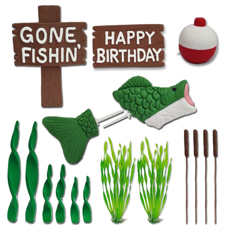 DiDida Fishing Cake Topper Gone fishing Cake with Bass Reed Happy Birthday Sign - Image 2
