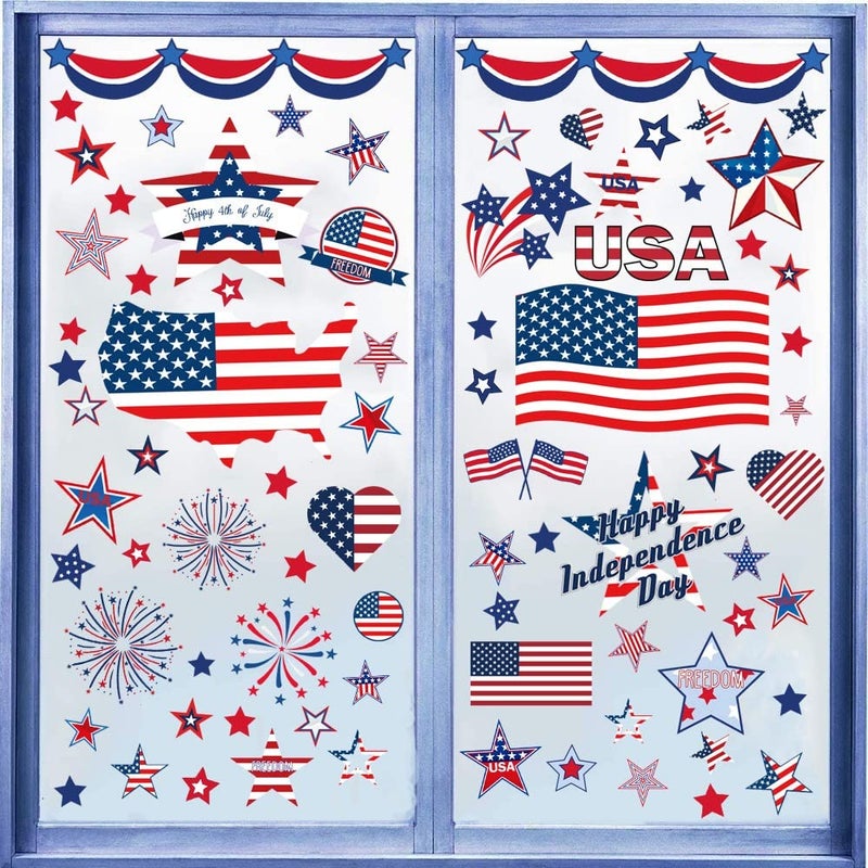 i-Beeboo 4th of July Decorations Patriotic Window Clings USA Double-Sided Window Art Decals USA Independence Memorial Day Stripes Star Fireworks Flags Balloon Decorations for Home School Office 9 Sheets (B) - Image 2