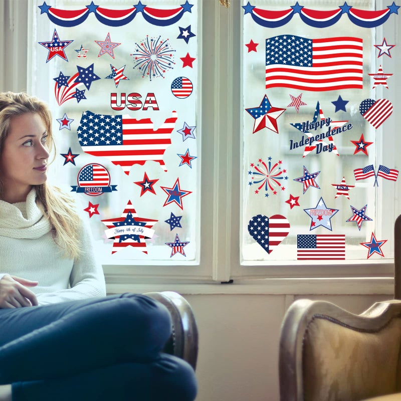 i-Beeboo 4th of July Decorations Patriotic Window Clings USA Double-Sided Window Art Decals USA Independence Memorial Day Stripes Star Fireworks Flags Balloon Decorations for Home School Office 9 Sheets (B) - Image 3
