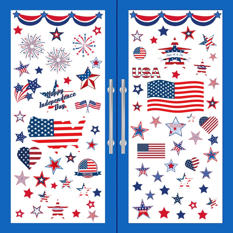 i-Beeboo 4th of July Decorations Patriotic Window Clings USA Double-Sided Window Art Decals USA Independence Memorial Day Stripes Star Fireworks Flags Balloon Decorations for Home School Office 9 Sheets (B) - Image 1