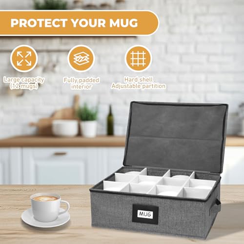 HURZMORO Mug Storage Box with 12 Compartments, Gray Hard Shell Container, Padded Dividers, Dual Handles, Zipper Lid for Coffee Cup Organization and Moving (1, Coffee Cup Storage Box) - Image 4