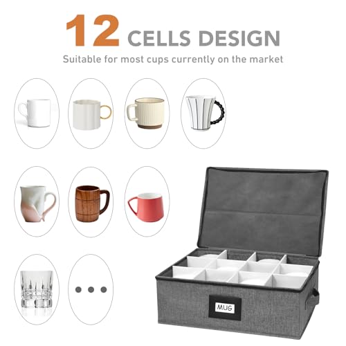 HURZMORO Mug Storage Box with 12 Compartments, Gray Hard Shell Container, Padded Dividers, Dual Handles, Zipper Lid for Coffee Cup Organization and Moving (1, Coffee Cup Storage Box) - Image 3
