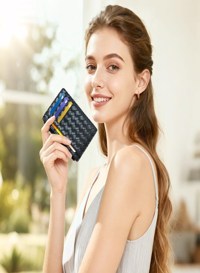 Tipmile حافظة بطاقات ائتمان Tipmile صغيرة الحجم مع نافذة لعرض الهوية للنساء، تصميم نحيف وبسيط، محفظة جيب أمامية صغيرة الحجم، مزودة بتقنية حجب RFID، لون أسود منسوج، 4.4 × 3.14 × 0.11 بوصة، مزخرفة - Image 4