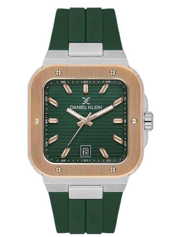 DANIEL KLEIN Men's Silicone Band Silver and Rose Gold Brass Case Analog Dark Green Square Emboss Dial Japanese Quartz Premium 50 Meters Water Resistant