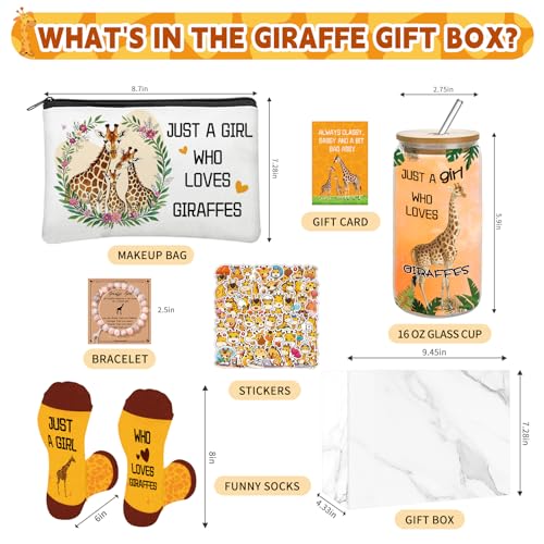 Zhirlyn Giraffe Gifts for Women Giraffe Lover Gift Set Include 16oz Glass Cup Makeup Bag Socks, Bracelet & 50 Stickers for Birthday Christmas (Classic) - Image 2