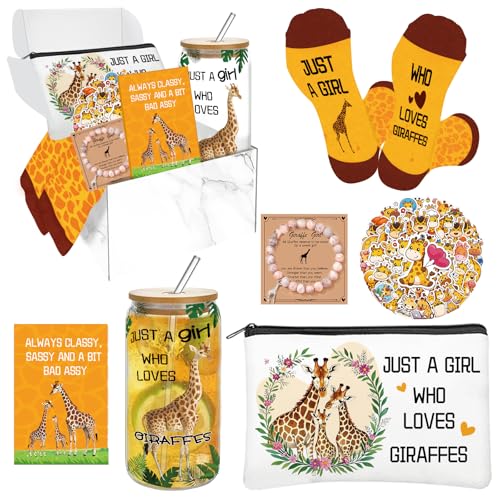Zhirlyn Giraffe Gifts for Women Giraffe Lover Gift Set Include 16oz Glass Cup Makeup Bag Socks, Bracelet & 50 Stickers for Birthday Christmas (Classic) - Image 1