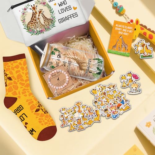 Zhirlyn Giraffe Gifts for Women Giraffe Lover Gift Set Include 16oz Glass Cup Makeup Bag Socks, Bracelet & 50 Stickers for Birthday Christmas (Classic) - Image 3