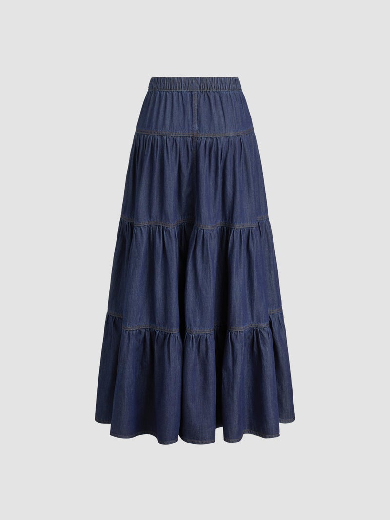 CIDER Womenâ€™s Long Jean Denim Tiered Button Down High Waisted Maxi Skirts - Image 5