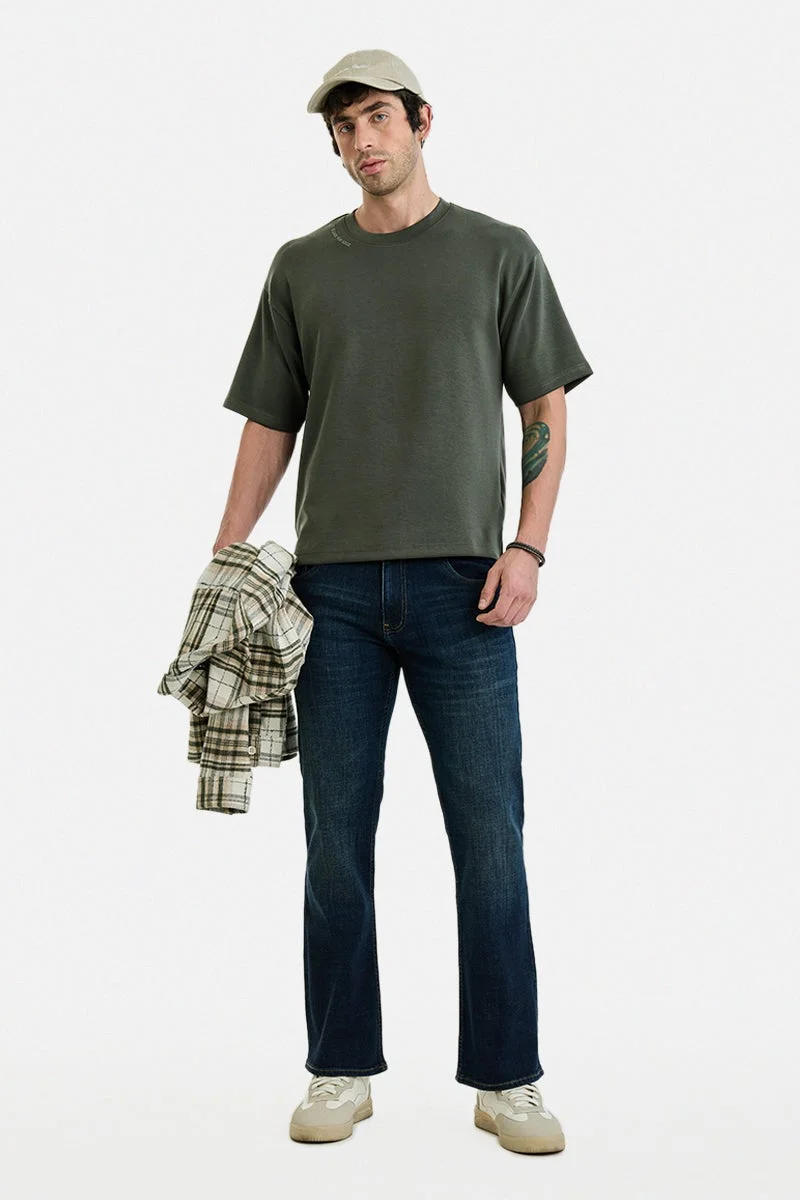 سنيتش Olive Solid Half Sleeve Oversized T-Shirt