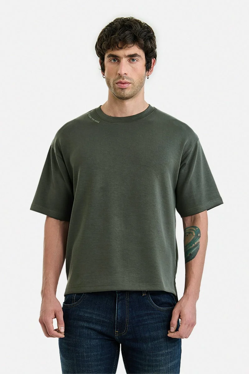 سنيتش Olive Solid Half Sleeve Oversized T-Shirt