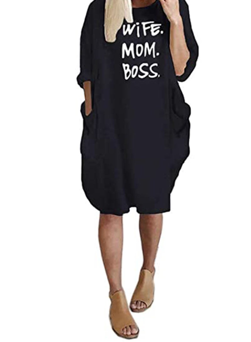 SOLARAE Wife Mom Boss dress Letters Print Cotton Long Sleeve T-Shirt Dresses Round Neck Long Sleeve Causal Loose Baggy Oversized Dresses with Big Pockets For Women (black) - Image 4
