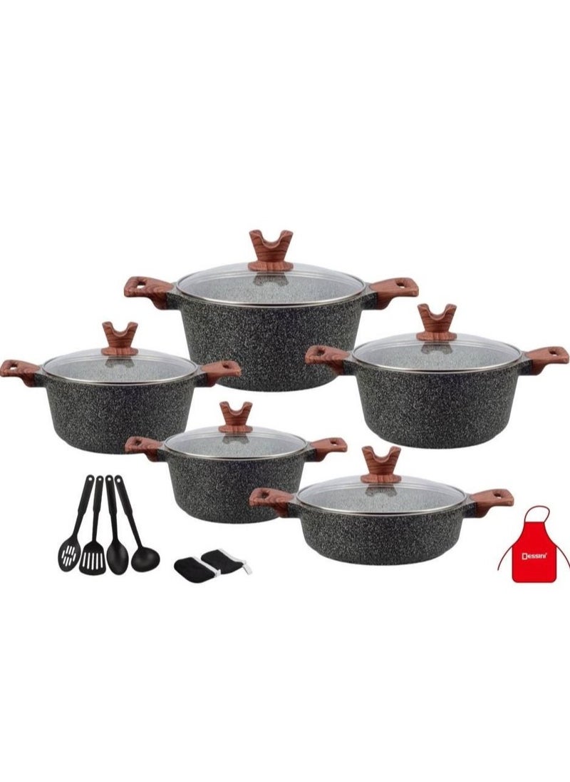 DESSINI - 17-Pieces Granite Cookware Set Includes Casserole With Lid 24cm, Casserole With Lid 28cm, Casserole With Lid 32cm, Casserole With Lid 28cm, Shallow Casserole 7xCooking Tools - Image 1