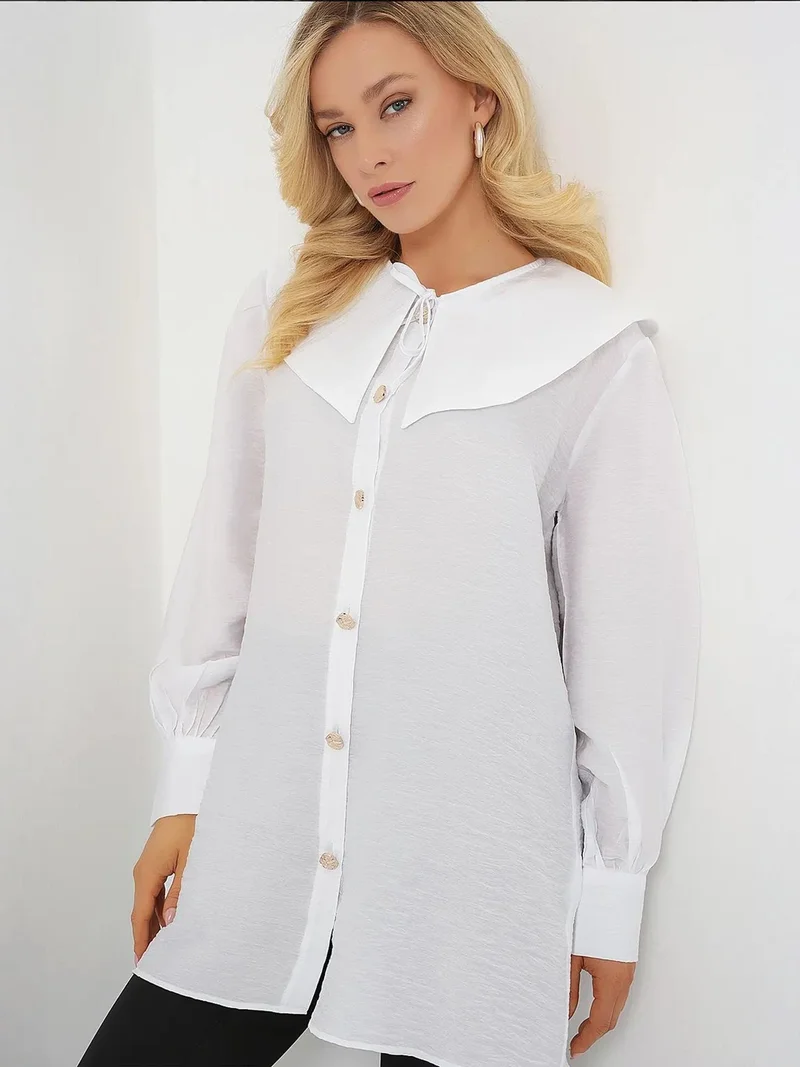 BIG DART BDART Long Loose Fit Blouse with Baby Collar and Bow Detail