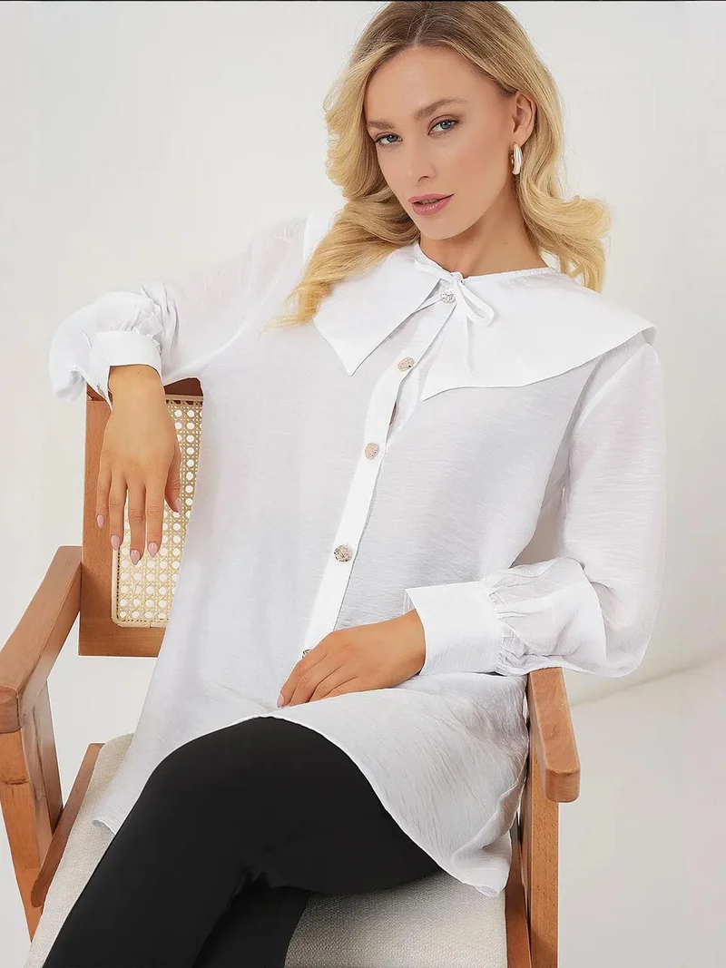 BIG DART BDART Long Loose Fit Blouse with Baby Collar and Bow Detail