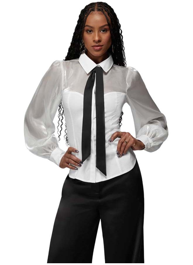 bebe Organza Sweetheart Illusion Combo Poplin Blouse  - Image 1