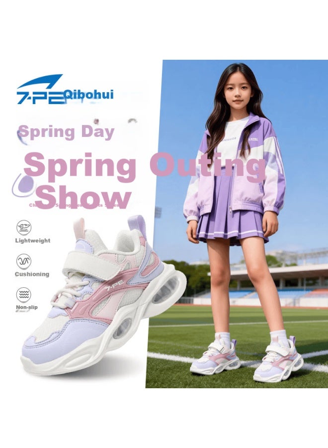 7-pe Girls' Shoes Spring New Breathable Mesh Pink Purple Youth Soft Sole Lightweight Children's Sports Sneakers - Image 1