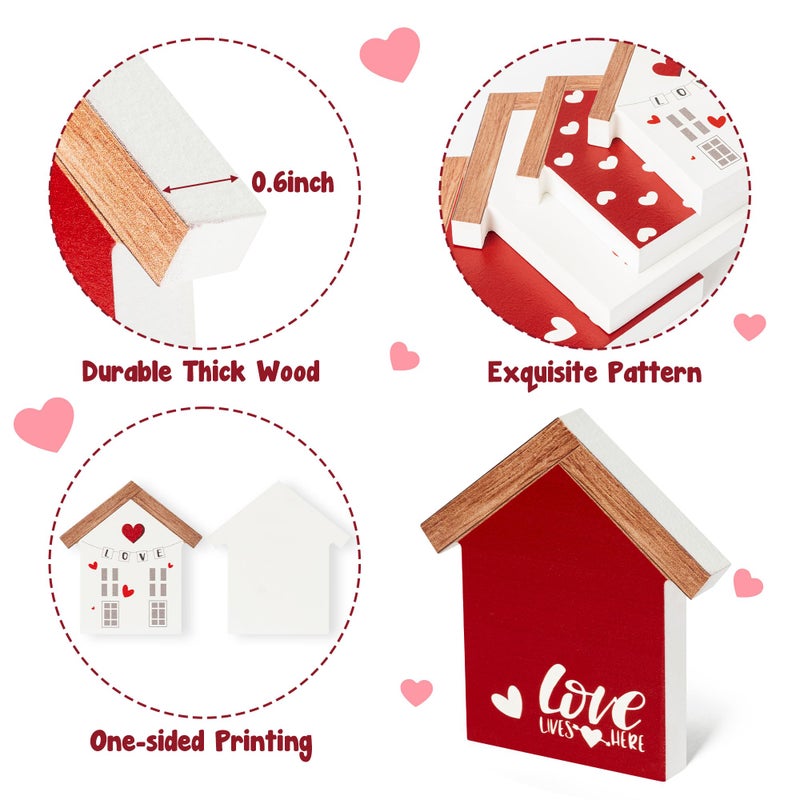 WATINC 4PCS Valentine House Shaped Wooden Tiered Tray Sign Table Decor, Happy Valentine's Day Tabletop Wood Centerpiece, Romantic Sweet Love Shack Decoration for Wedding Engagement Party - Image 3